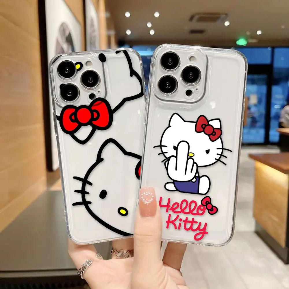 Cartoon Cat Hello Kitty Cover Clear Phone Case For iPhone Apple 16 15 14 12 13 11 Pro 8 7 SE Plus X XS Max Transparent TPU Case