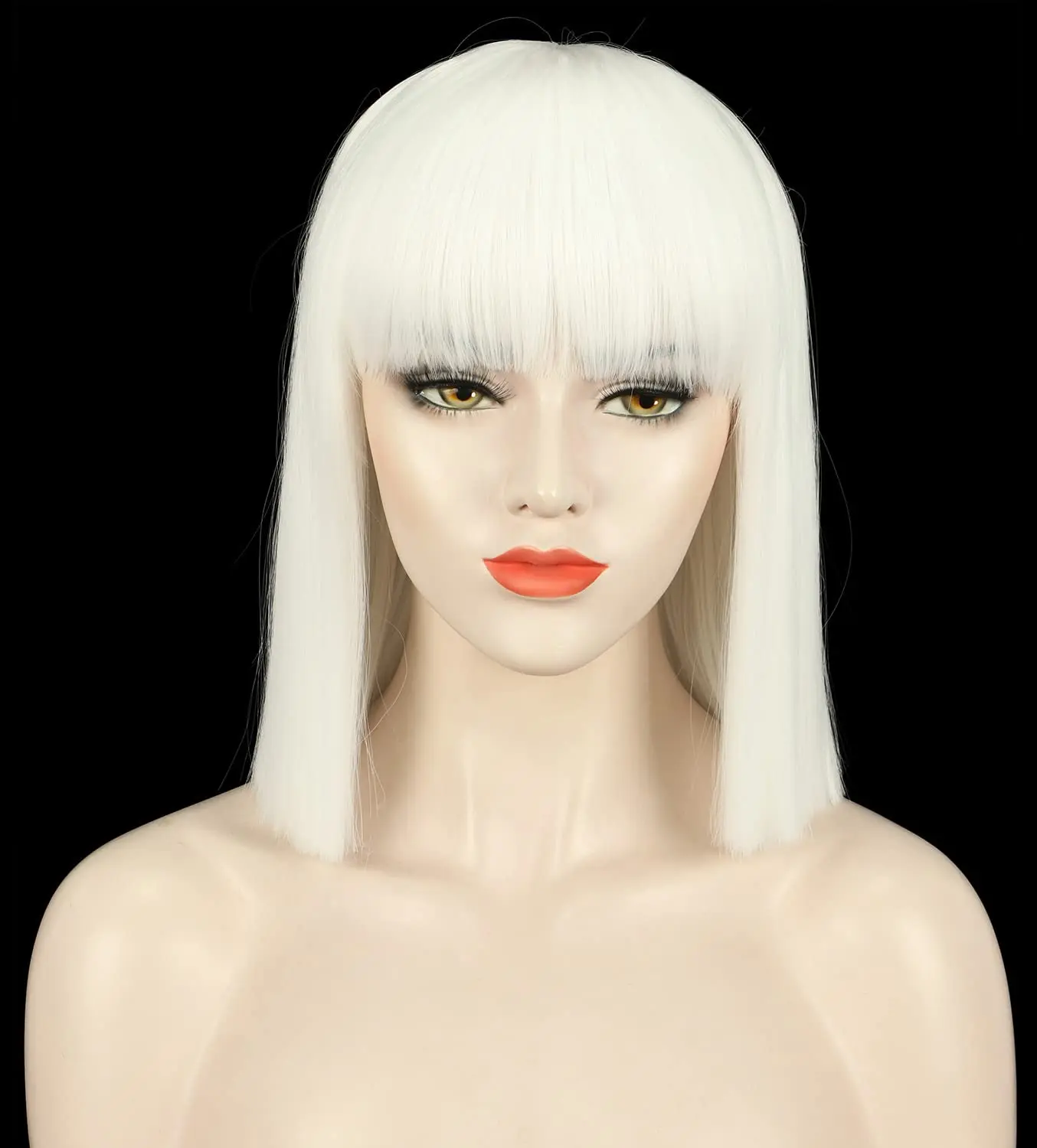 

Women Straight Short Bob White Wig Flat Bangs Halloween Costume Wig Anime Cosplay Wig Party