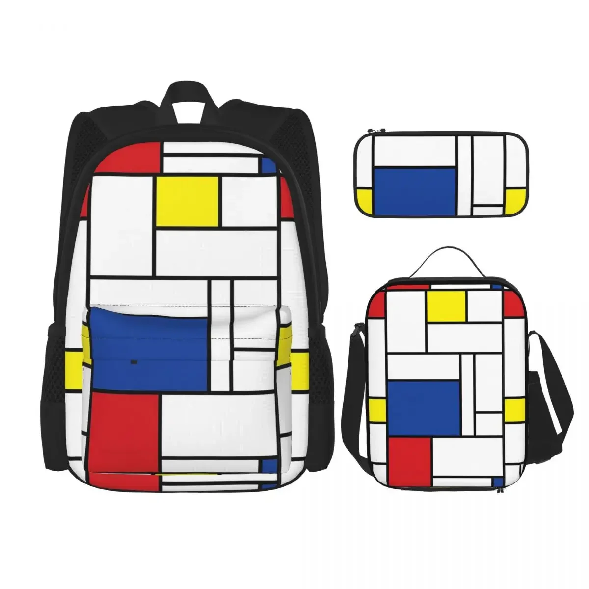 Mondrian Minimalist De Stijl Modern Art II Fatfatin Backpacks Bookbag School Bags Rucksack Lunch Bag Pen Bag Three-Piece Set