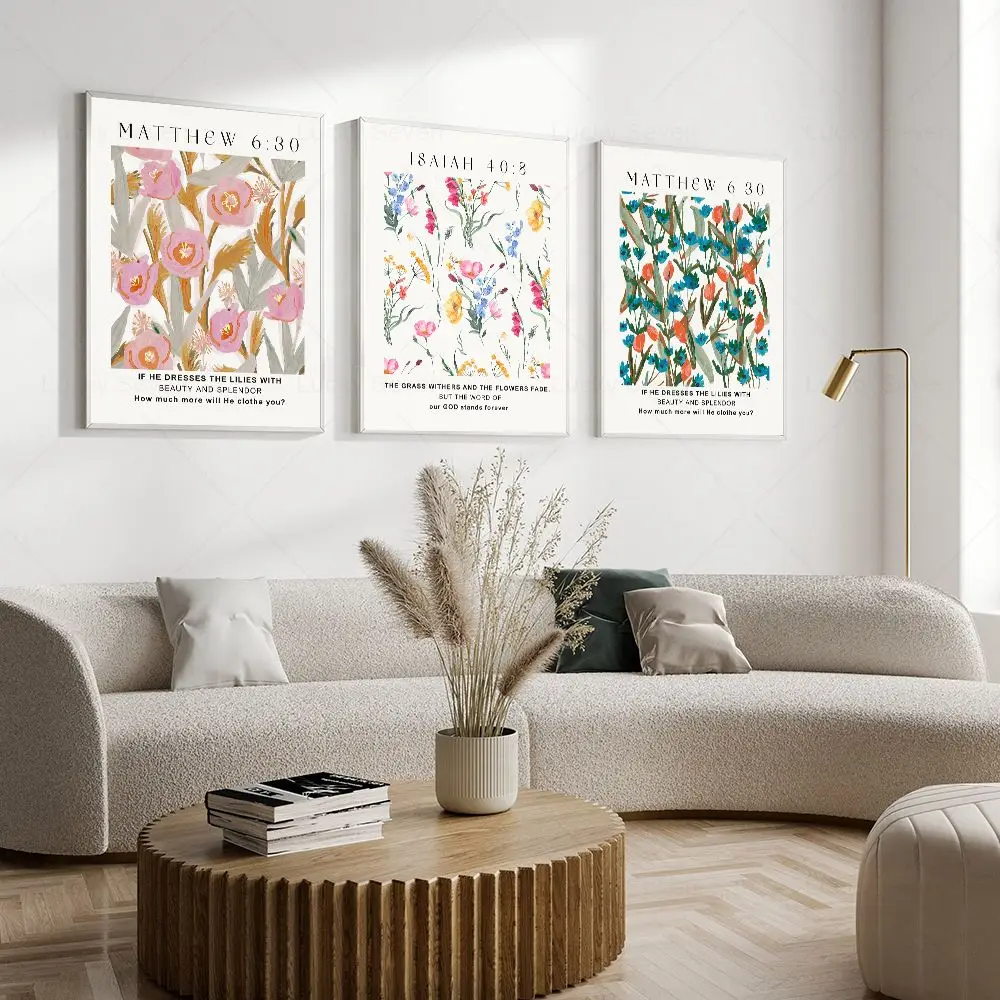 الكتاب المقدس الآية ملصق مع نمط الأزهار ، مطبوعة قماش اللوحة ، الكتاب المقدس الآية الطباعة ، الكتاب المقدس الآية جدار الفن ، المسيحية الإيمان ديكو #2