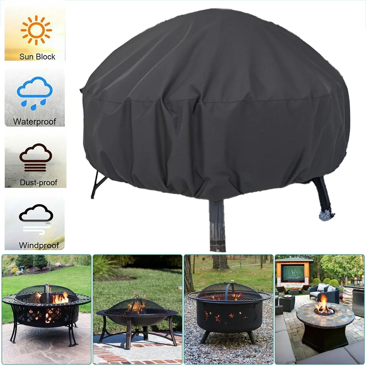 

Fire Pit Cover Weatherproof Waterproof Full Coverage Fire Pit Lid 210D Oxford Cloth Dust Cover Fire Bowl Cover for Yard Outdoor
