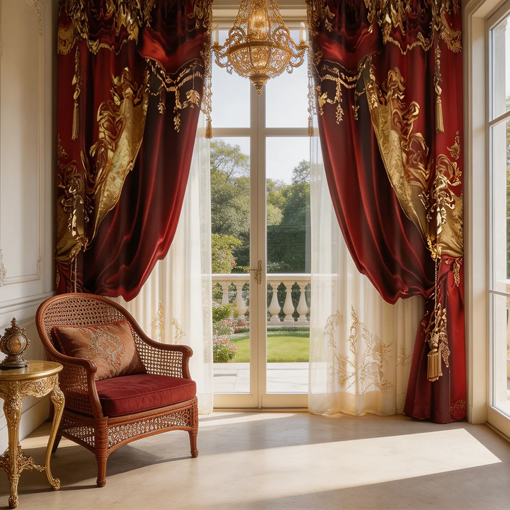 2PCS Curtains, Red and Gold Luxury Baroque Theater Curtain Print, Suitable for Bedroom and Living Room, Rod Pocket Style