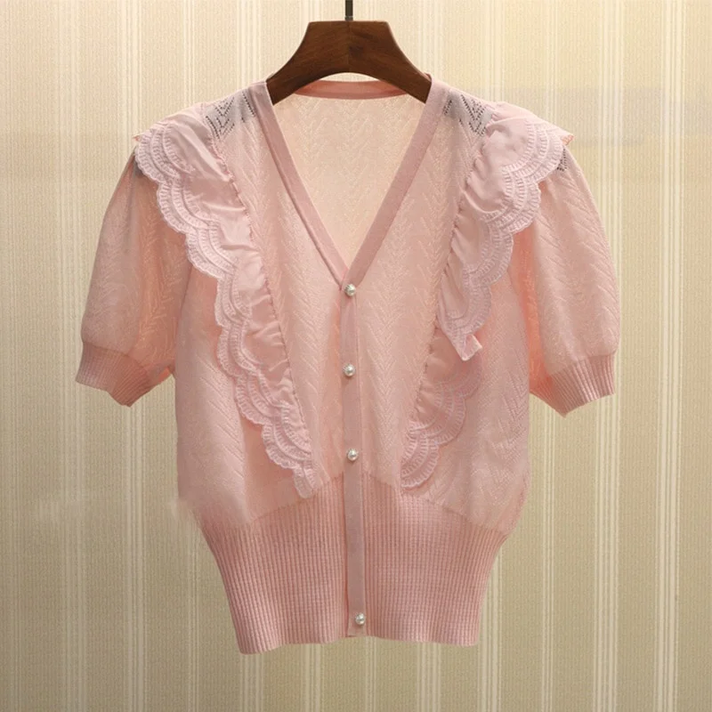 Kardigan damski z dzianiny Ele V-Ne, oddychający, z jedwabiu lodowego, z ażurowym wzorem, casualowy, letni, modny top.