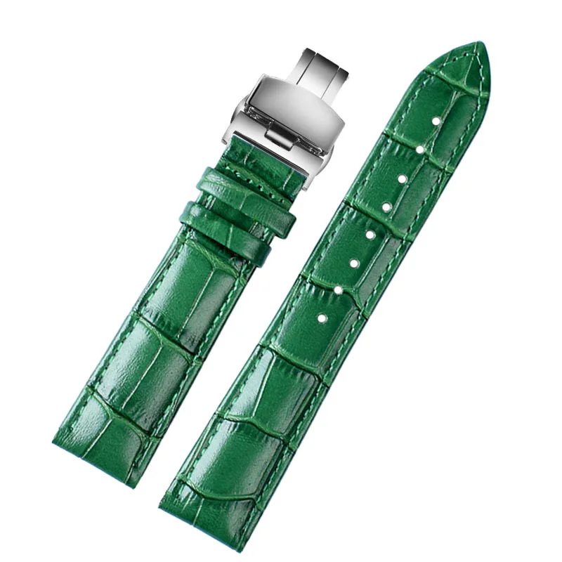 Weiches Rindsleder-Uhrenarmband mit Edelstahl-Schmetterlingsschnalle, 16 mm, 18 mm, 20 mm, 22 mm, grünes, glänzendes Band, Handgelenkgürtel, Unisex