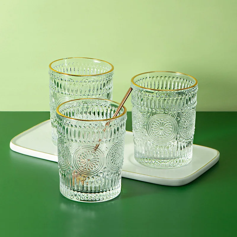 

2pcs/1pcs Gold Edge Glass 300ml/350ml Beverage Cup Flower Pattern Carving Water Cups Transparent Thickened Glass Wholesale Cups