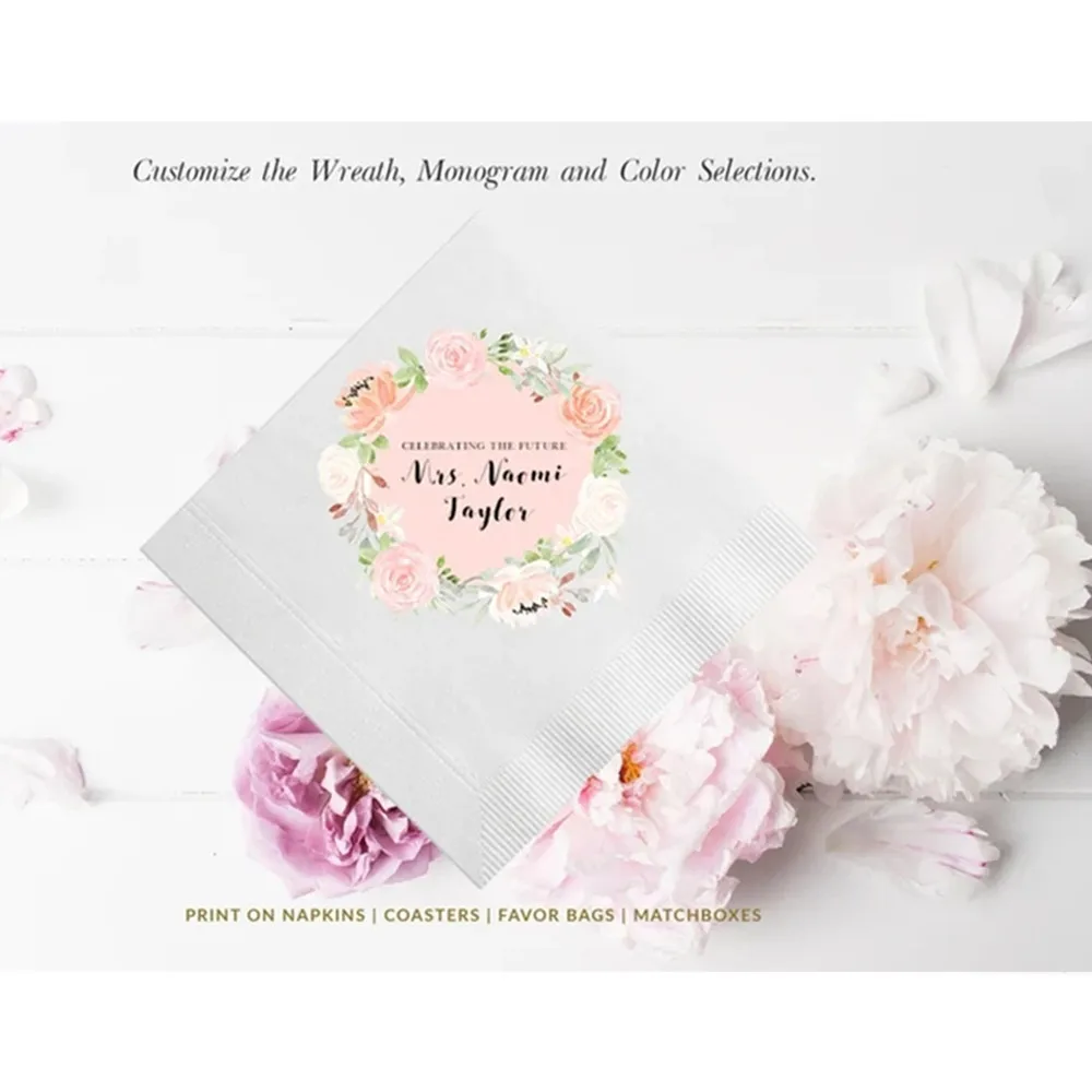 

50PCS Floral Monogram 3 Ply Napkins, Full Color Napkins, Custom Wedding Napkins, Bridal Shower, 3-Ply Cocktail Napkins, Printed