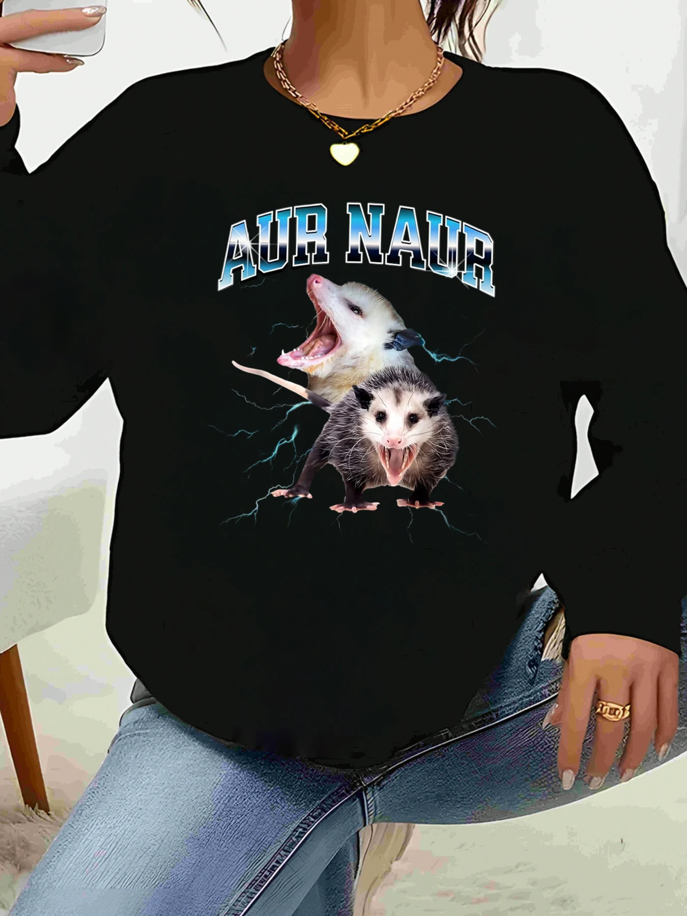 Opossum en Rat Print Aur Naur Halloween Top met lange mouwen Vrijetijdskleding Damesmode