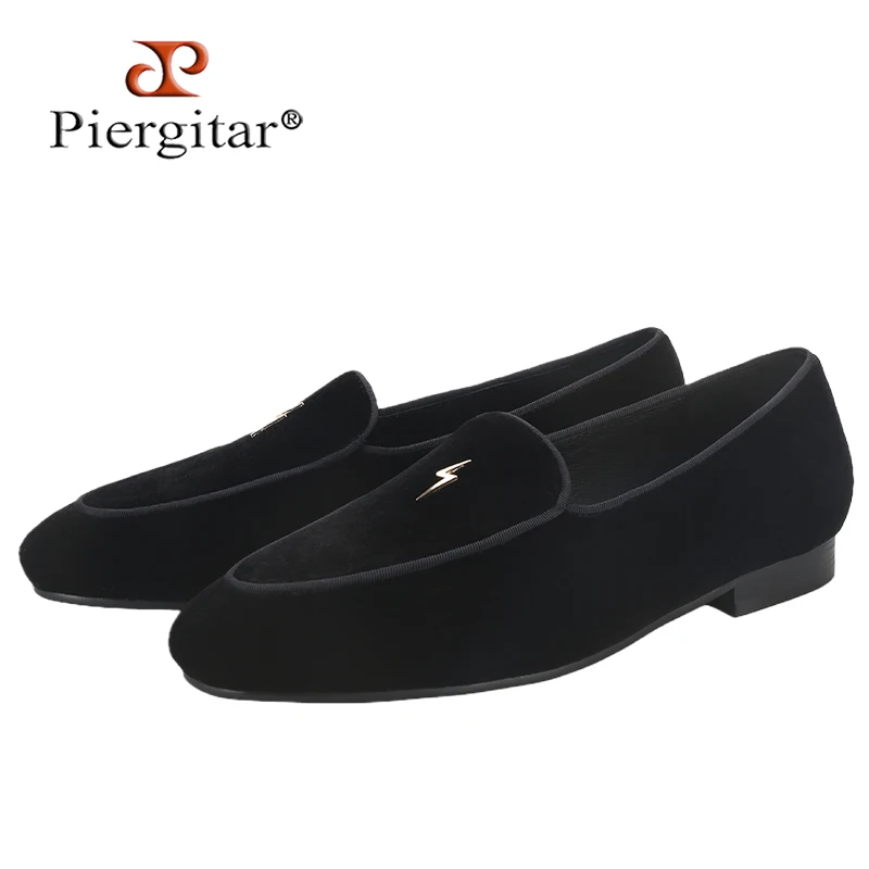 Piergitar Black Color Velvet Men Loafers With Gold Lightning Metal Buckles Handcrafted Smoking Slippers For Wedding Formal Wear