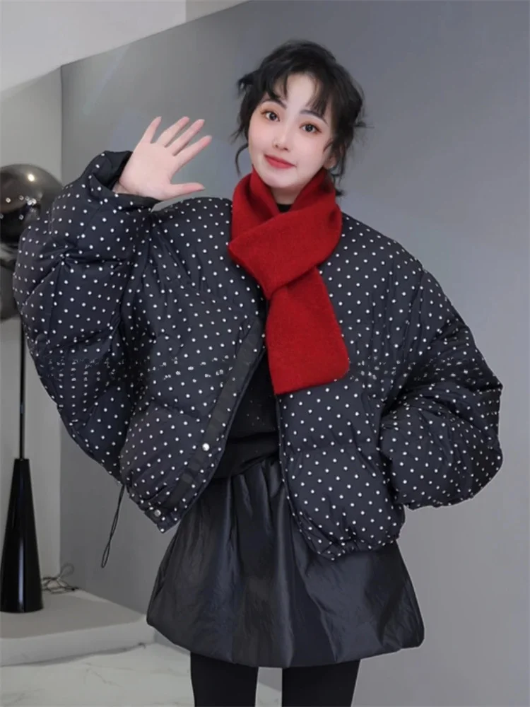 

Trendy Polka Dot Cotton Jaet Women's Winter East Gate New Model Beautiful Bread Sle Korean Loose Fit Long Sve round Ne