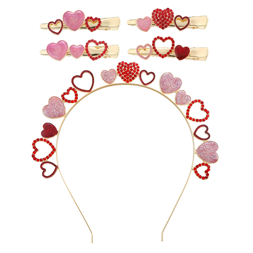 

5pcs Heart Headband Clips Set Alloy Crystal Hair Accessories for Valentine Wedding Party Romantic Resin Hair Barrettes