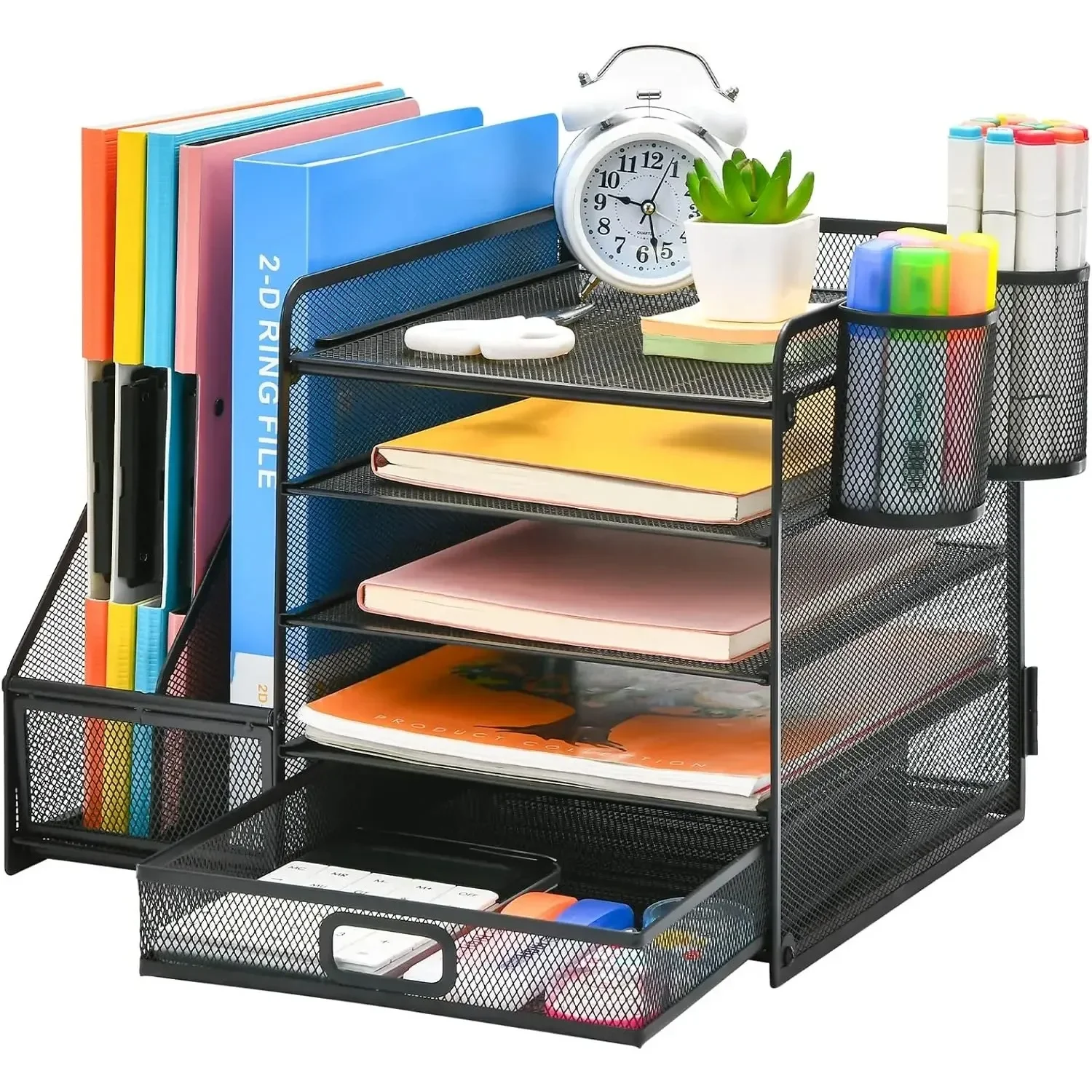 

5-layer paper letter tray storage with drawers and 2 pen holders, storage device with office supplies magazine rack (black)