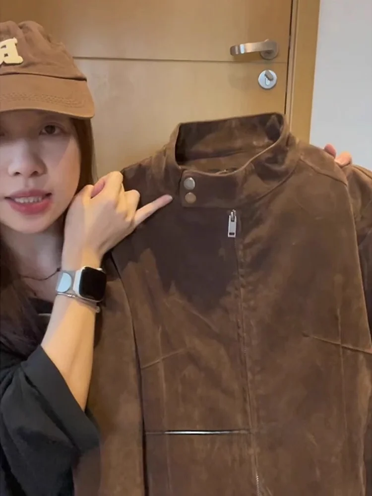 الرجعية الأمريكية براون الجلد المدبوغ عمال Jaet الرجال ort Sle دراجة نارية Jaet الوقوف طوق الخريف Faion الشباب #2