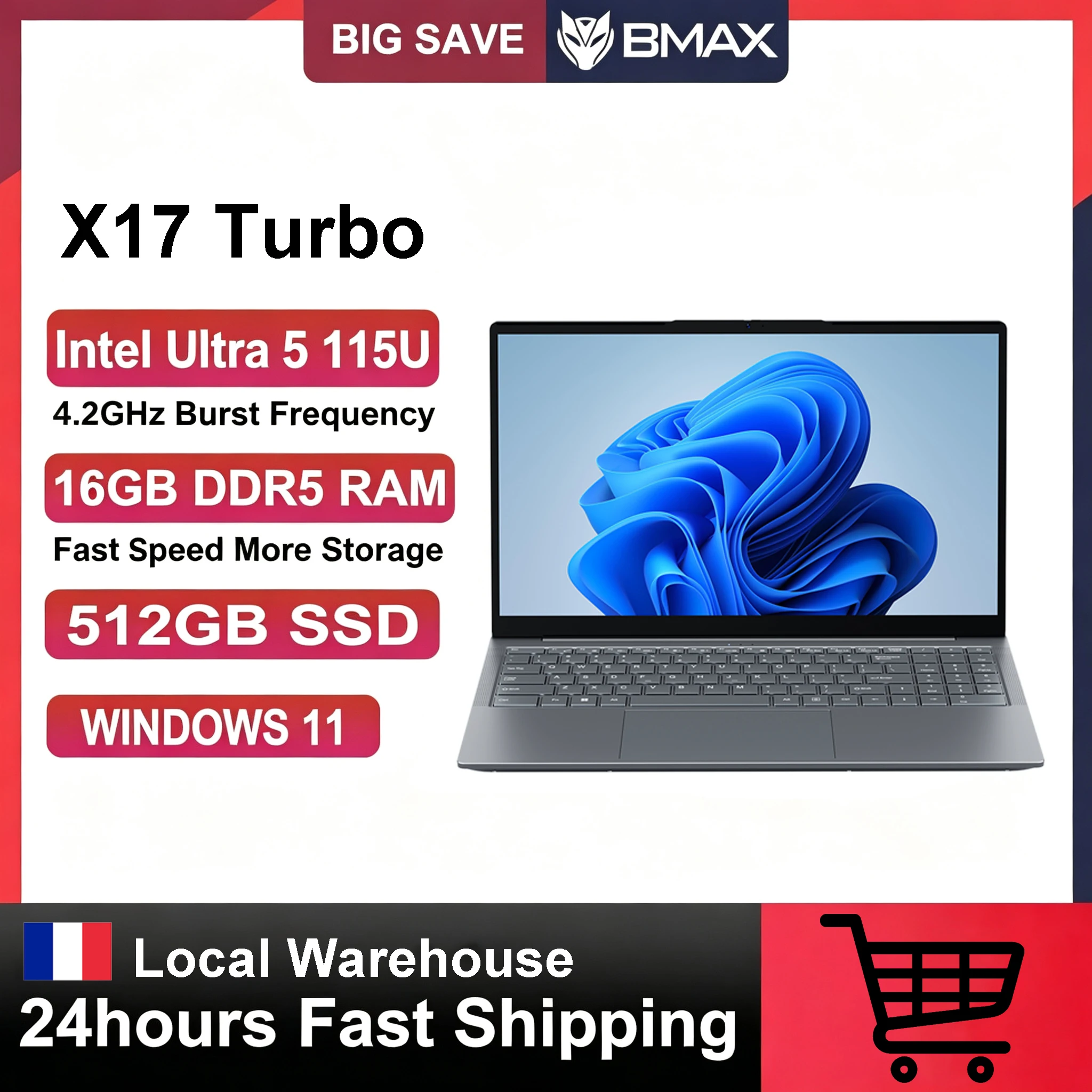 BMAX X17 Turbo laptop, 15,6 inch, Intel 14e generatie Core Ultra 5 115U, 16 GB LPDDR5, 512 GB SSD, Windows 11, 1920 x 1080, HDMI, USB, WiFi 6, BT 5.4, pc-notebook voor thuisgebruik.