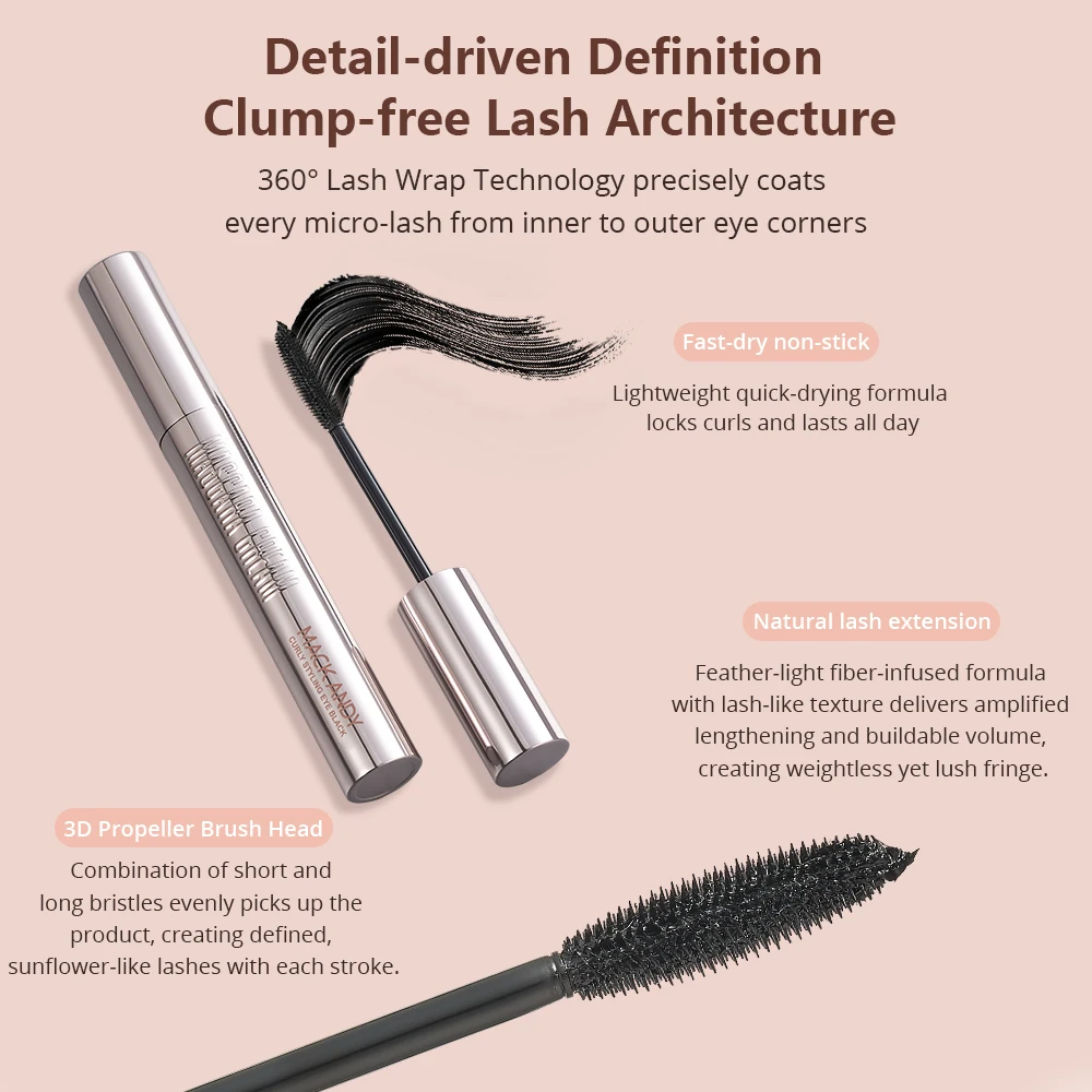 MACKANDY Mascara Curling Fórmula Volumizante y Alargamiento, Mascara Negra Constrible, Resistente a Golpes y Larga Resistente a Manchas