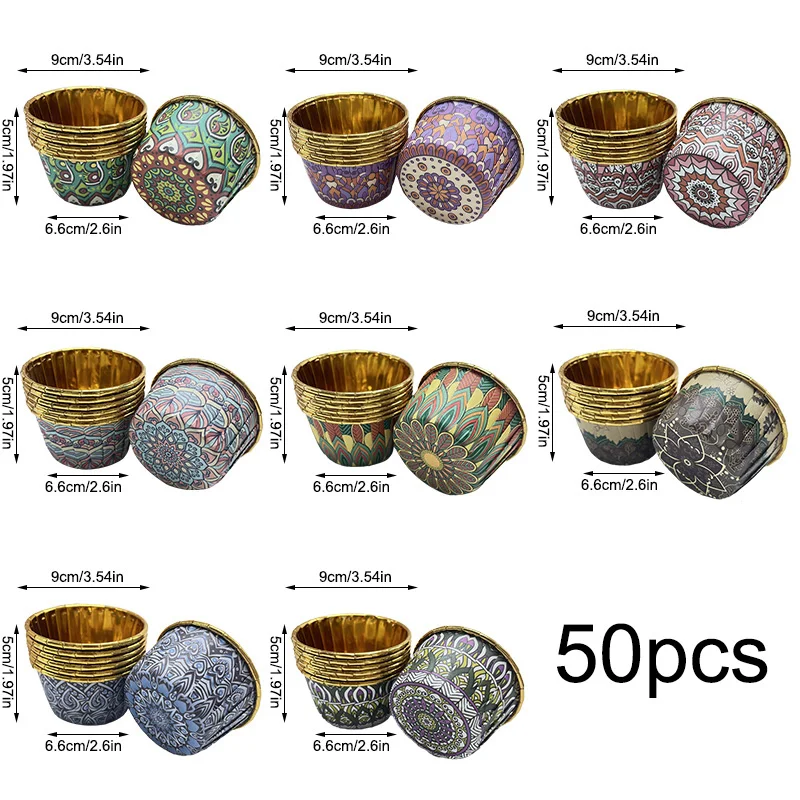50 قطعة من كب كيك البوهيمي مع أغطية، كوب مافن للاستعمال مرة واحدة، بطانات كب كيك لامعة مقاومة للحرارة لعيد مبارك #6