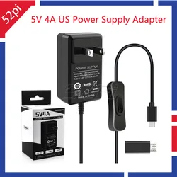 52Pi Raspberry Pi 4 5V 4A Power Supply Adapter with Switch-on/off US/EU Plug Charger Cable Type-C for Raspberry Pi 4/Pi3B/3B+