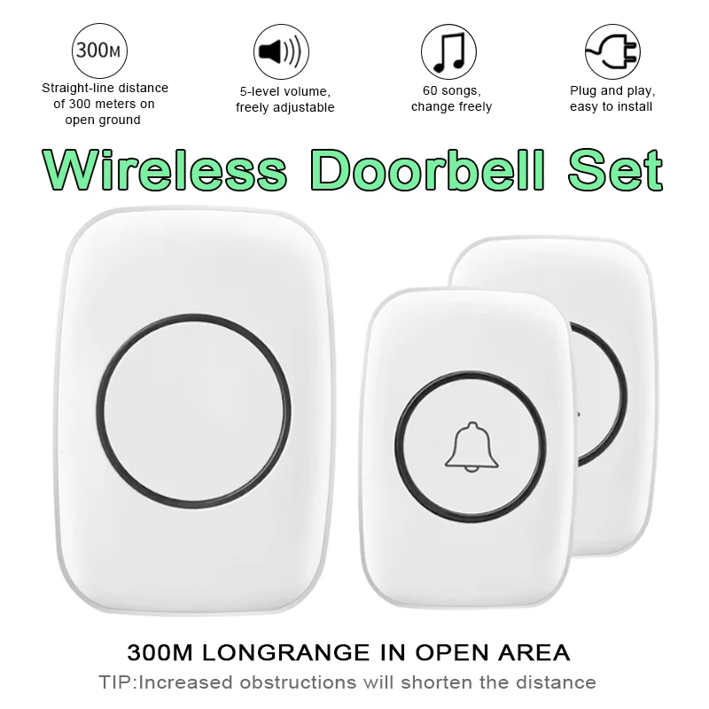 

Wireless Electronic Doorbell Kit Waterproof Security Bells 60 Ringtones 300m Long-Range Control Intelligent Welcome Door Bell