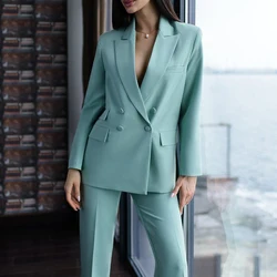 Elegant Women Pants Sets Double Breasted Peak Lapel Regular Length 2 Piece Jacket Pants Suits Formal Office Lady Outerwar 2025