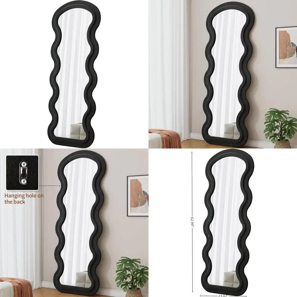 Contemporary Black Wavy Floor Mirror: Stylish Flannel Fabric for Home Decor and Personal Grooming