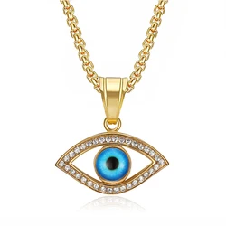 Turkish Blue Evil Eye Pendant Necklaces Female Gold Color Stainless Steel CZ Amulet Charm Necklace For Women Men Jewelry Gift