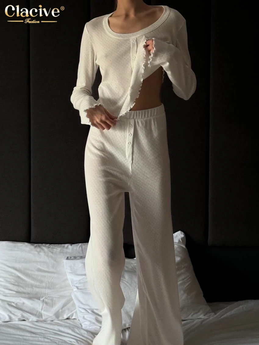 

Clacive Casual Loose White Cotton Home Women's Two Pieces Set 2025 Elegant Long Sleeve Shirt With High Waist Wide Pants Set