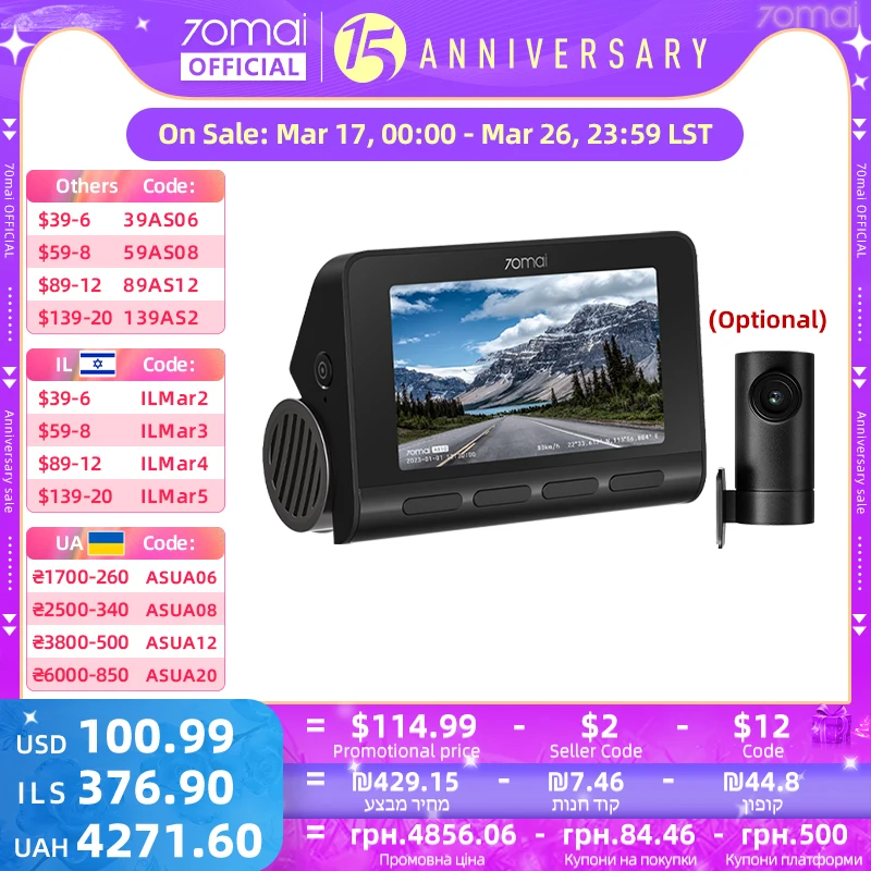70mai 4K Dash Cam A810 Ultra HD Wbudowany GPS ADAS Automatyczne nagrywanie 150FOV Detekcja ruchu 70mai A810 4G Rejestrator samochodowy Obsługa kamery tylnej
