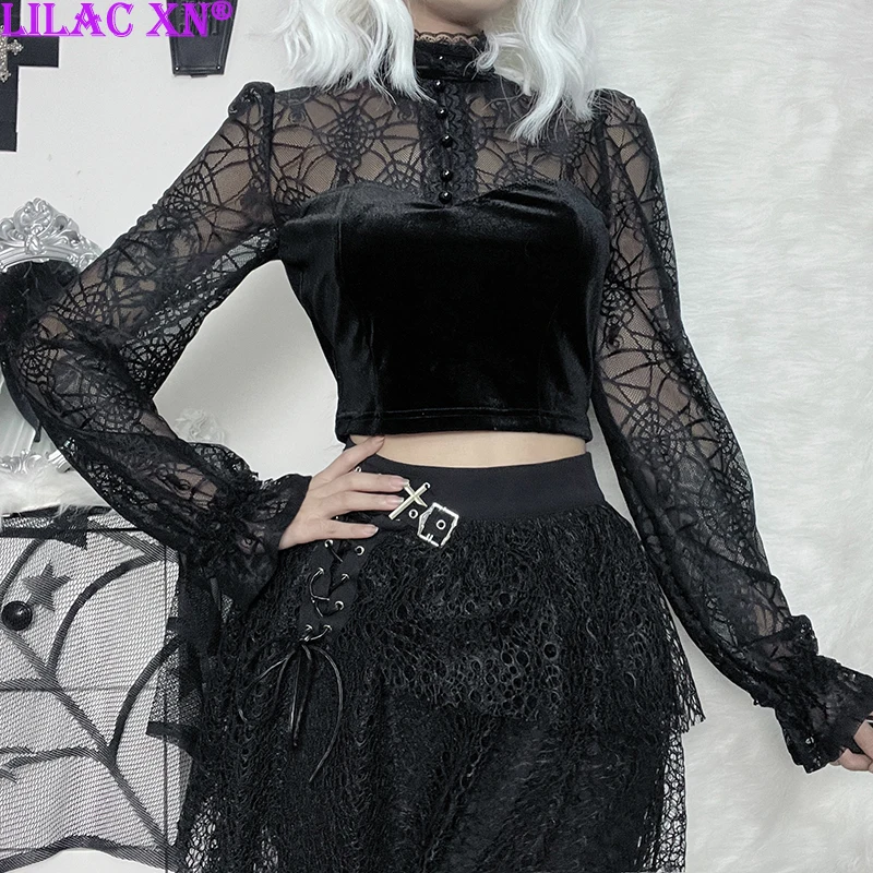 

Goth Black Spider Web Print Mesh T-Shirts Y2K Vintage Sexy Velvet Turtleneck Long Sleeves Crop Top Grunge Clothes for Women