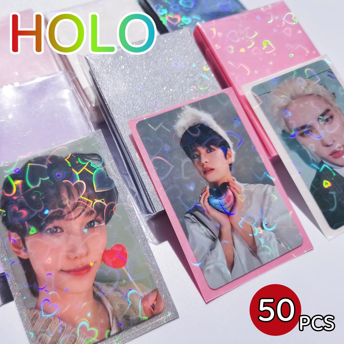 Utalo 50-Pack Heart-Shaped Holographic Photocard Sleeves - Colorful Cardholders - Protection with Radiant Style for KPOP Cards