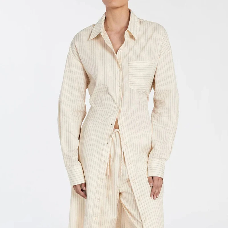 Simple Fashion Striped Print Long Top Outfit Women Sexy Single Breasted Lapel Shirt & Tie-up Pants Sets Autumn Long Sleeve Suits