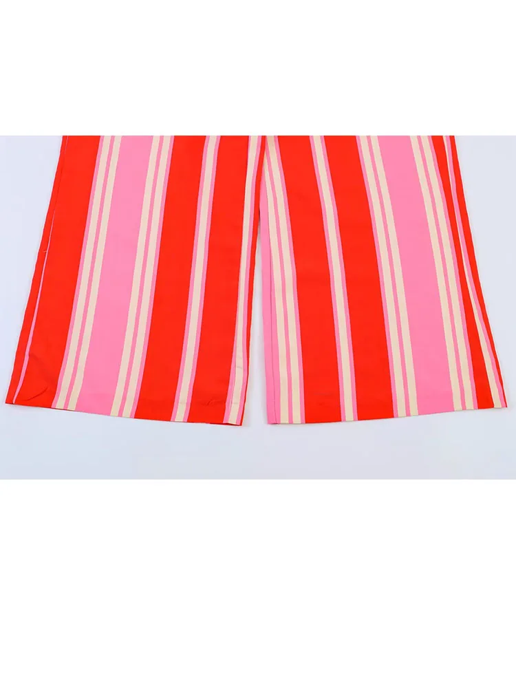HH Women Summer Elegant Striped 2 Piece Outfit Collared Short Sleeve Shirt High Waist Wide Leg Pants For Holiday Dinner Party