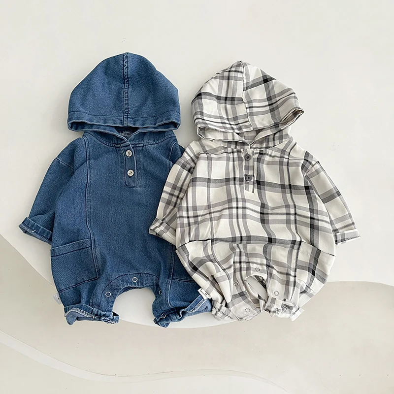 Spring And Autumn Infant Baby Boys And Girls Denim Hooded Romper Long-sleeved Soft Cute Kids Onepiece Fashion Baby Clothing