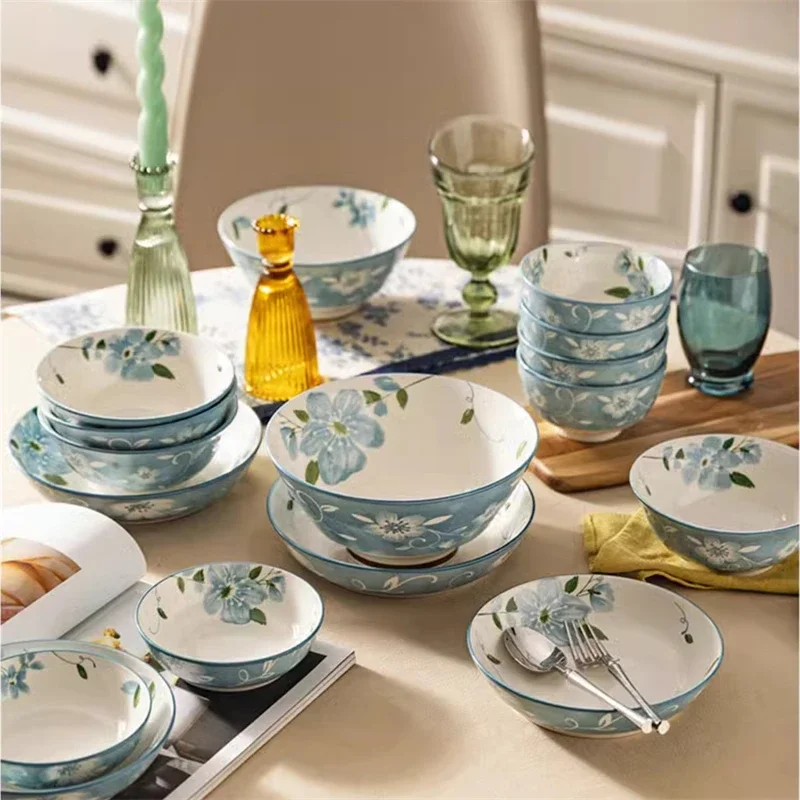 European Style New High-End Bowl Plate Dish Dish Underglaze Colored Tableware Blue Printed Ceramic Fresh Noodle Bowl Set