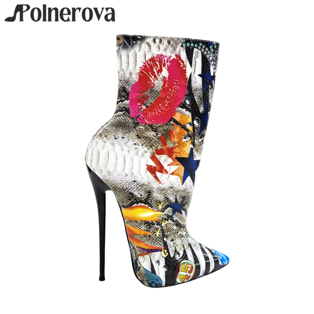

Sexy Graffiti 16cm Stiletto Booties Pointed Toe Ultimate Lacquered Heel Handmade Boots Side Zipper Fashion Ankle Boots for Women