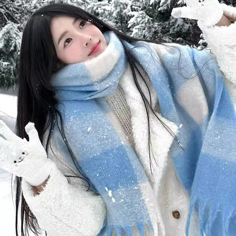 

Новый женский шарф на осень/зиму в корейском стиле, универсальная клетчатая шаль, утолщенная теплая длинная плюшевая шапка-шарф для шеи〔CC55〕
