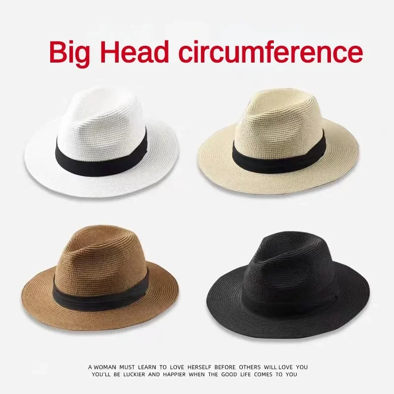 Male Foldable Big Head Straw Hat Panama Summer Outdoors Cowboy Hat Sandy Beach Sun Hats Man Plus Size Fedora Hat 57CM 60CM 64CM