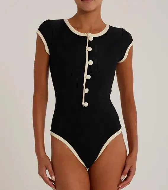 

Bodysuit Women 2026 Spring New Black and White Color Blocked Single Breasted Short Sleeve Sexy Slim Fit Hot Girl Slim Fit Romper