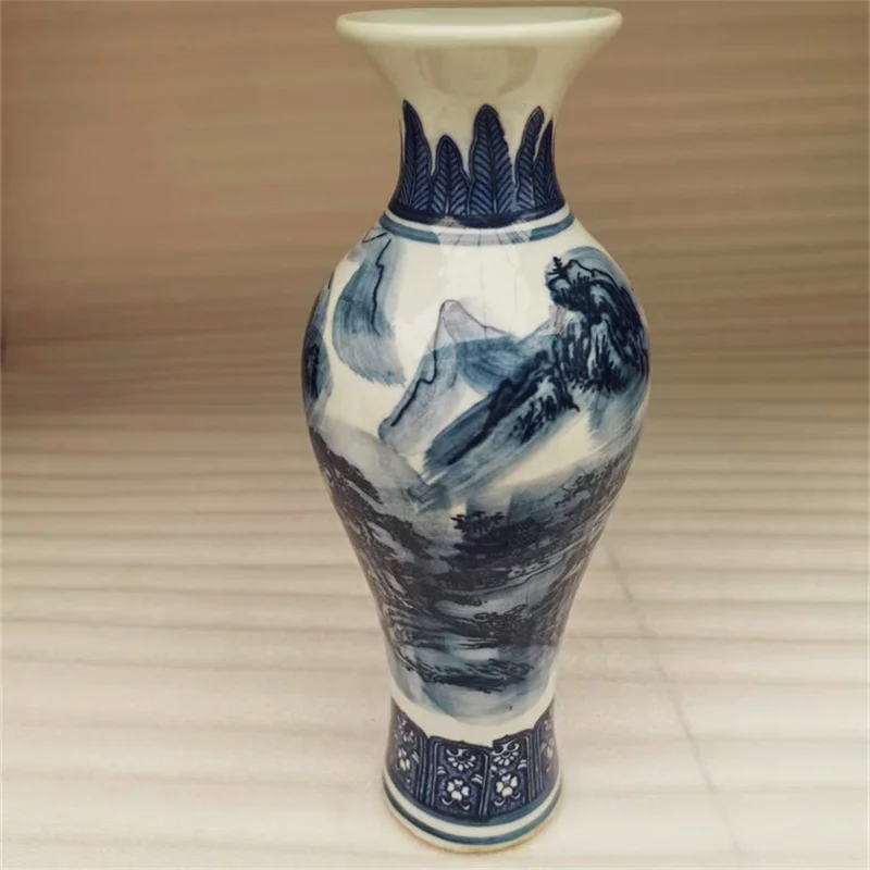 Chinese Old Porcelain Blue And White Landscape Pattern Fish tail shaped Vase Antique Decorative Flower Container