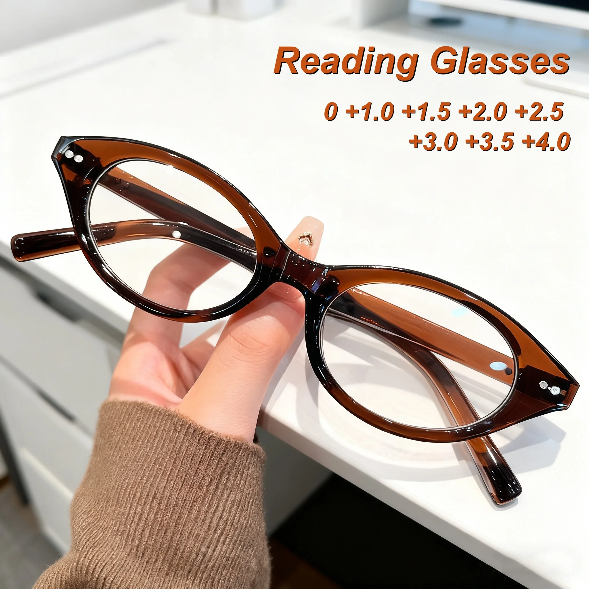 

2025 New Fashionable Rice Nail Small Frame Cat Eye Women's Reading Glasses Ultra Light Neutral HD Anti Blue Light Glasses