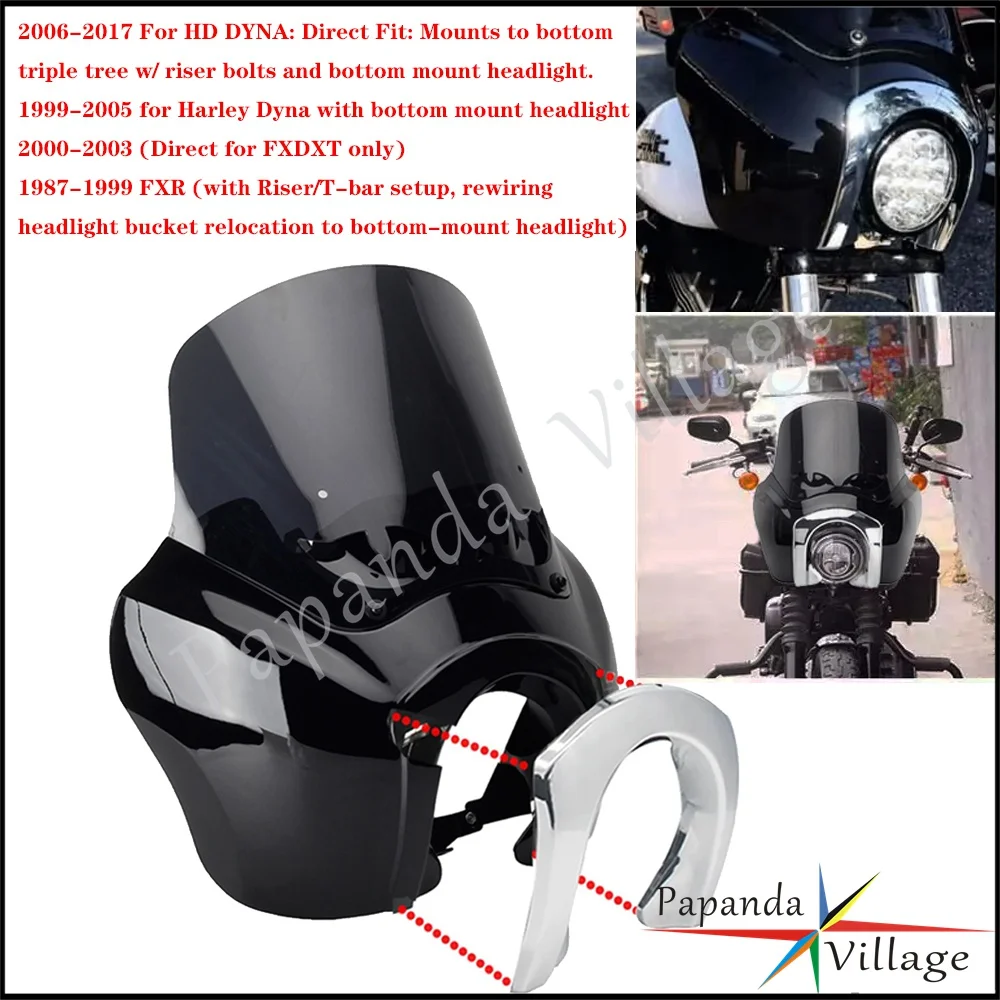 Motorcycle Club Style Headlight Fairing Windshield For Harley Dyna 1989-2007 FXDXT 2000-03 Chrome Trim Bezel Mounting Bracket 