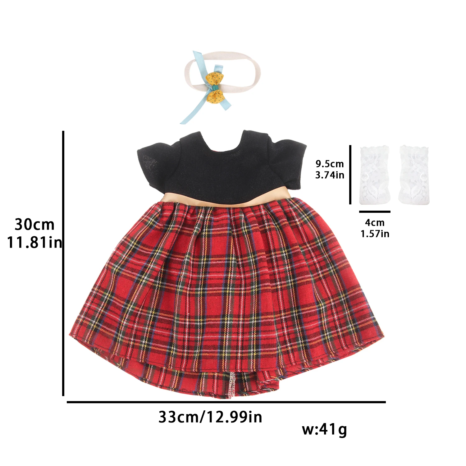 Conjunto de vestido de muñeca para muñecas americanas de 18 pulgadas, falda escocesa a cuadros (vestido, calcetines y diadema), para muñecas recién nacidas de 43cm