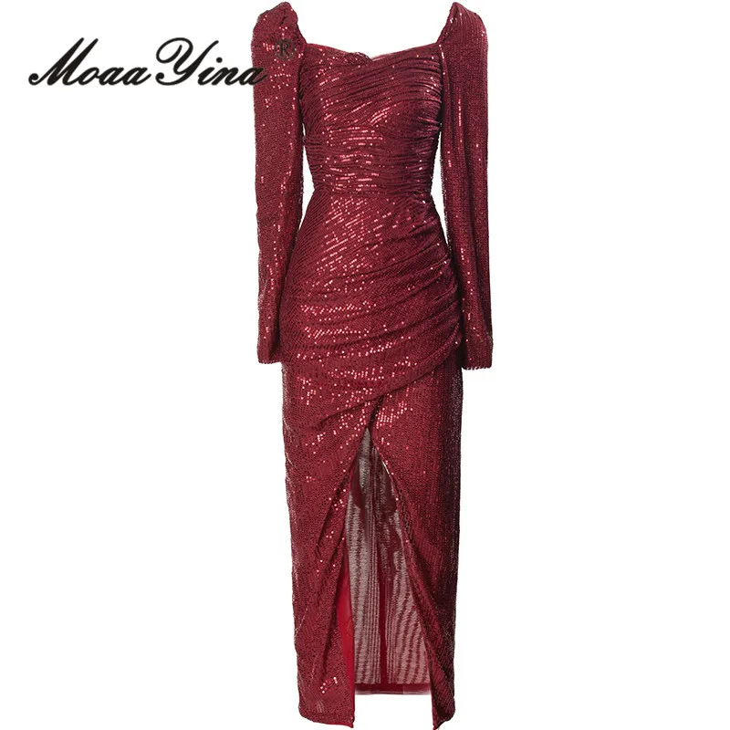 

MoaaYina Summer High Quality New Arrivals Women Dress Vintage Gorgeous Sequins Net Yarn Ruched Sexy Side Split Temperament Dress