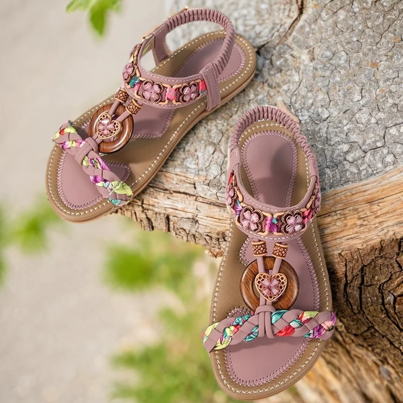 Sandalias romanas para niñas, zapatos de playa de verano para niños, nuevas sandalias planas con lentejuelas y diamantes de imitación para niños, sandalias rosas con punta abierta para chico