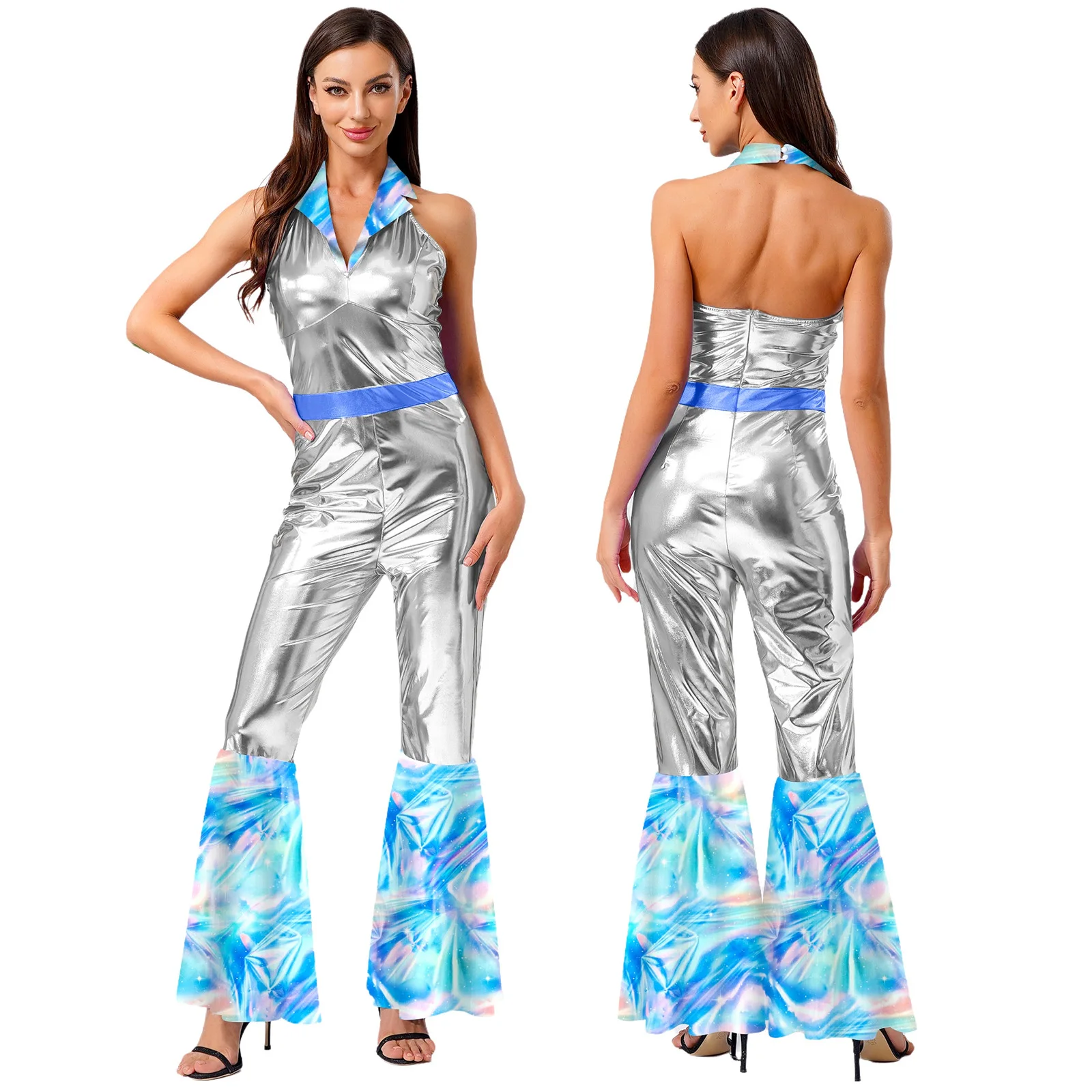 Womens 70s Disco Jumpsuit Vintage Halter Flared Jumpsuit Shinny Patchwork Costume for Themed Party Nightclub Dancing Dress Up