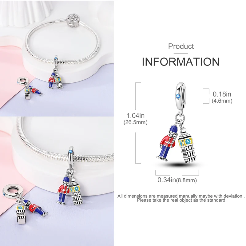 925 Sterling Silber Soldaten-Charm-Perlen, Wachposten, Telefonzelle, Uhrenturm, Reise-Charm für DIY-Armband, Halskette, Geschenk – Detail 3