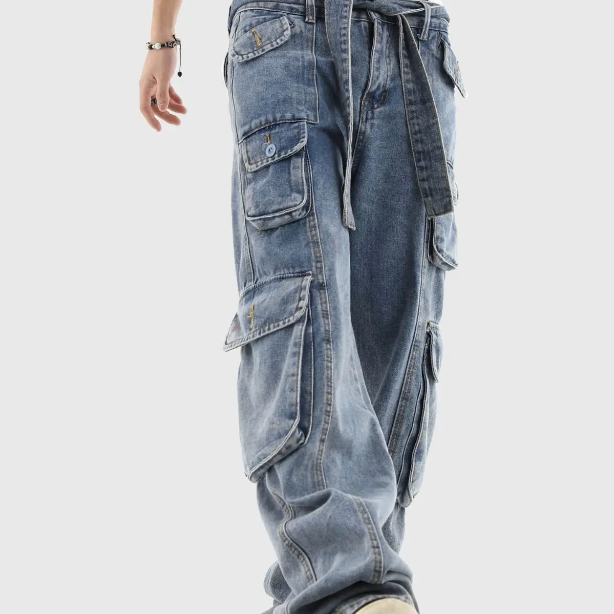 New American Stereoscopic Multi Pocket Jeans for Men, Washed Straight Tube Loose Relaxed Long Jeans