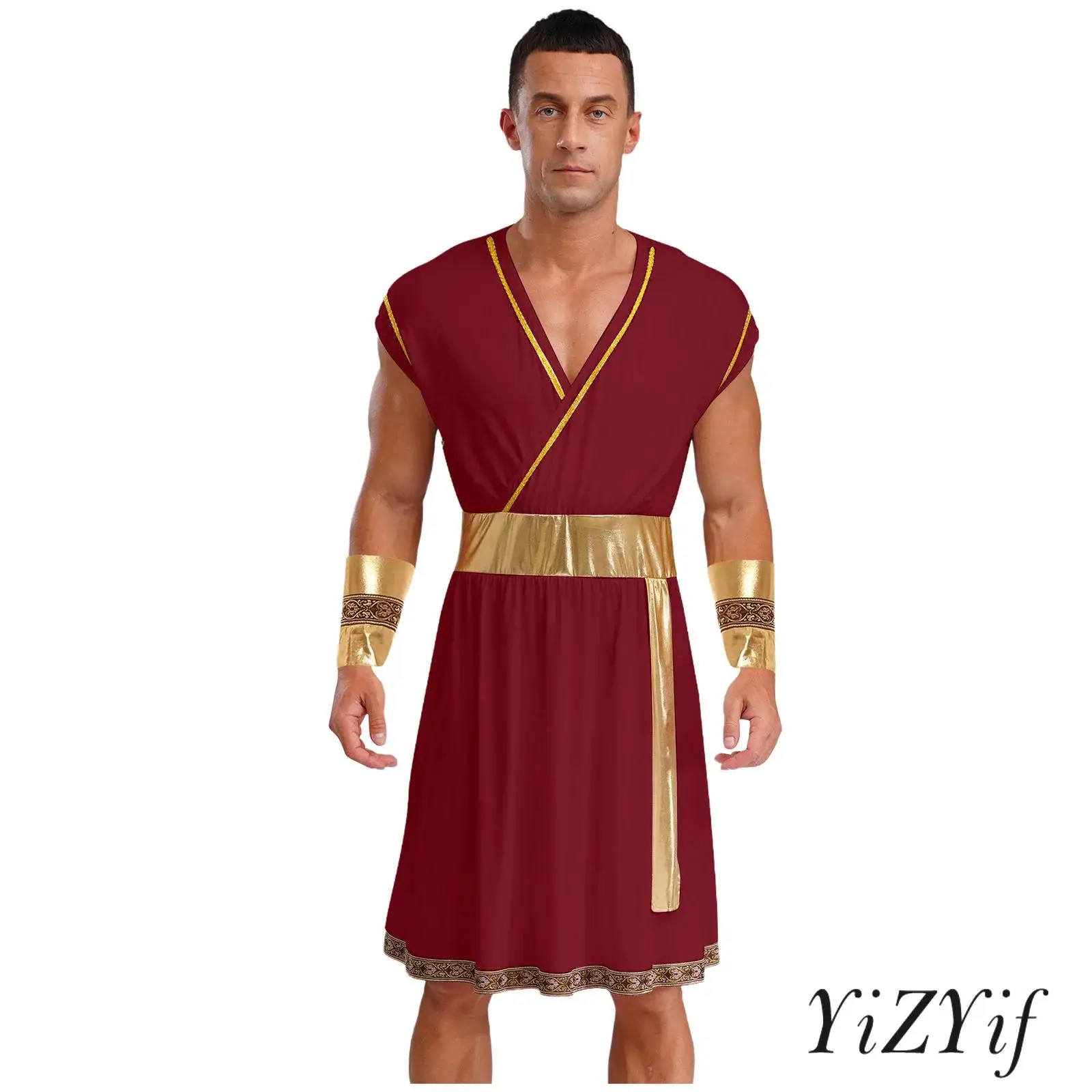

Men Ancient Greek Cosplay Performance Costume Sleeveless V Neck Golden Braided Trimming Patchwork Dress Robe with Cuffs Set