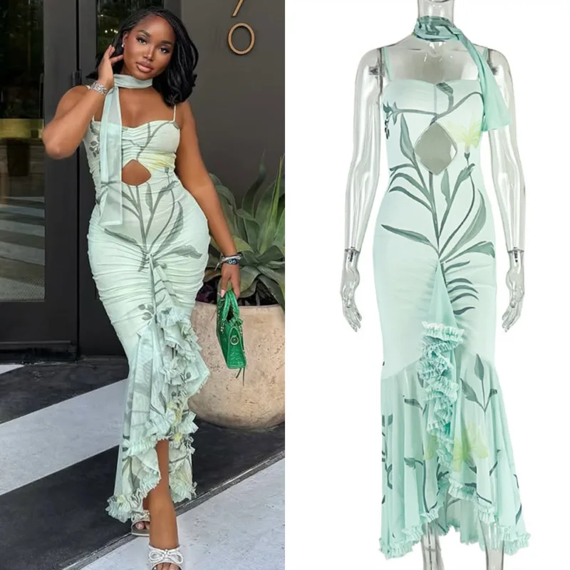 

2025 Sexy Floral Ruffle Maxi Dress For Women Spaghetti Strap Hollow Out Bodycon Long Dress With Scarf Backless Holiday Outfit