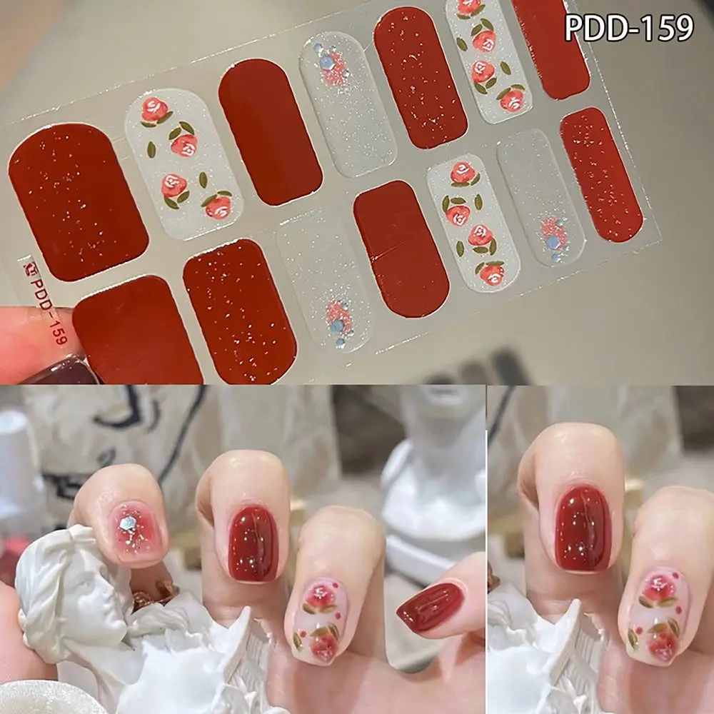 INS Trendy 14Strips Gel Nail Stickers Semi Cured Floristic Nail Patch Full Cover Gel Nail Polish Strips DIY Nail Art Making