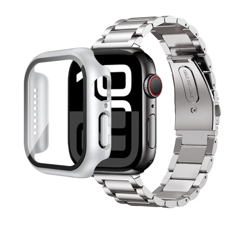 حافظة + حزام من الفولاذ المقاوم للصدأ واقي شاشة كامل لسلسلة ساعات أبل 10 42 مللي متر 46 مللي متر Ultra 2 49 مللي متر 45/41 44 مللي متر ملحقات