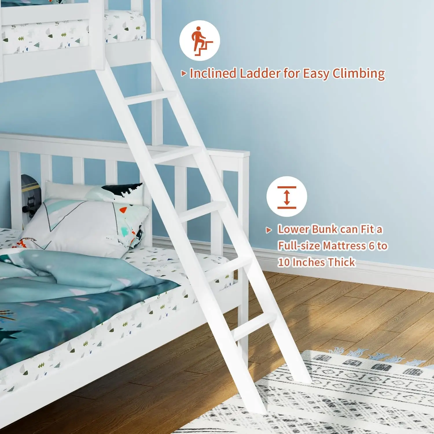 Twin Over Full Bunk Bed, Solid Wood Frame with Ladder & Guard Rail, Space-Saving for Kids Teens (Mattress Not Included)